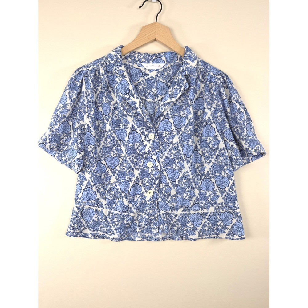 LC Lauren Conrad Blue Floral Toile Short Sleeve Button Down Blouse XL Top